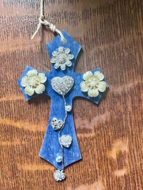 Blue Wooden Cross Wall Hanging with Gold Floral Accents
